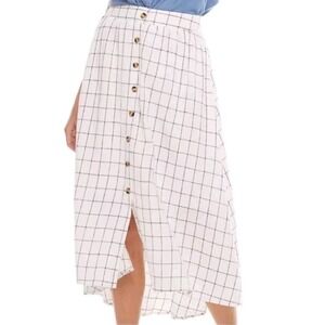 New SONOMA XL LINEN Pull On Button Up Lined White Navy Women's Hi Low Midi Skirt